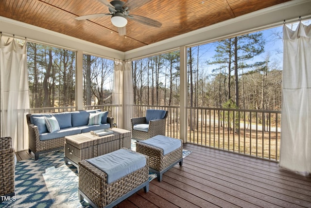 sunroom / solarium with wooden ceiling and a ceiling fan