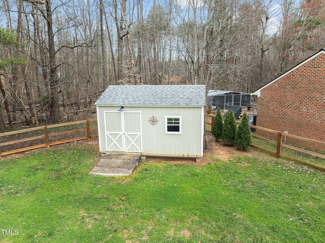 view of shed with a fenced backyard