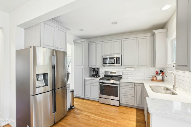 kitchen with a sink, tasteful backsplash, appliances with stainless steel finishes, and light wood-style flooring