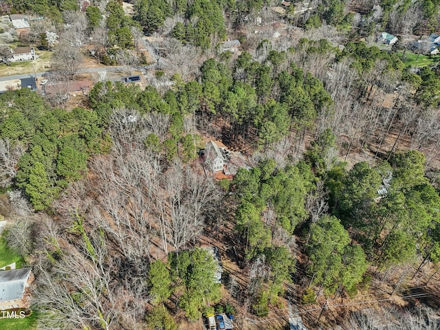 bird's eye view with a wooded view