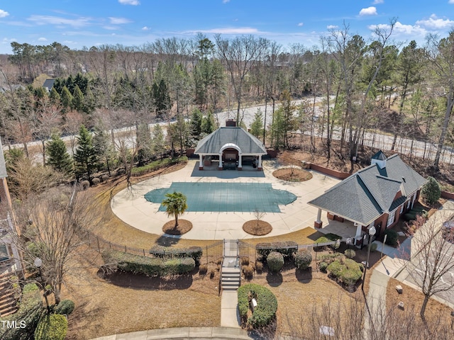 view of swimming pool featuring a gazebo, a fenced in pool, fence, and a patio area