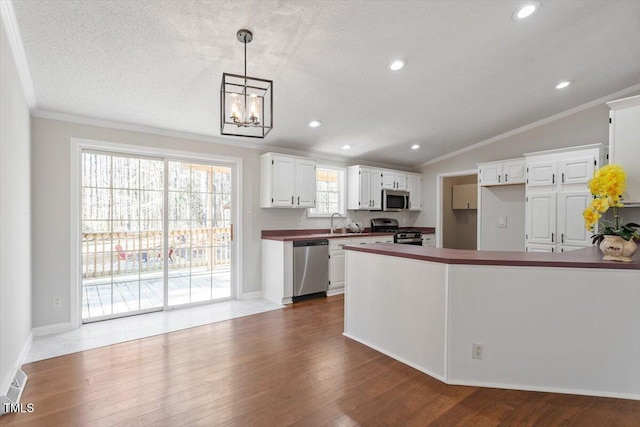 kitchen featuring wood finished floors, lofted ceiling, appliances with stainless steel finishes, and ornamental molding