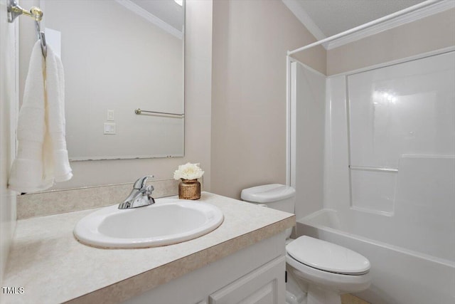 bathroom with bathing tub / shower combination, vanity, toilet, and crown molding