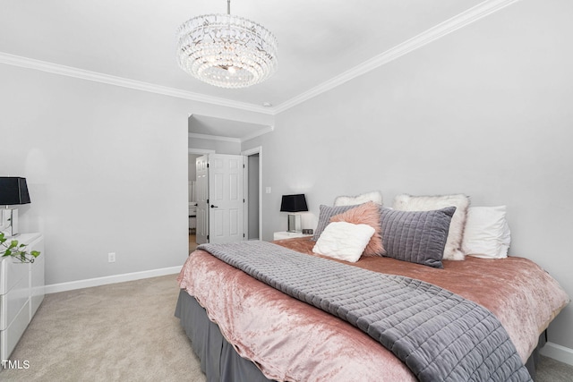 bedroom featuring baseboards, light carpet, an inviting chandelier, and crown molding