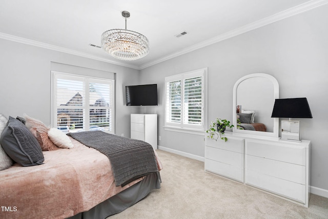 bedroom featuring light colored carpet, baseboards, and ornamental molding