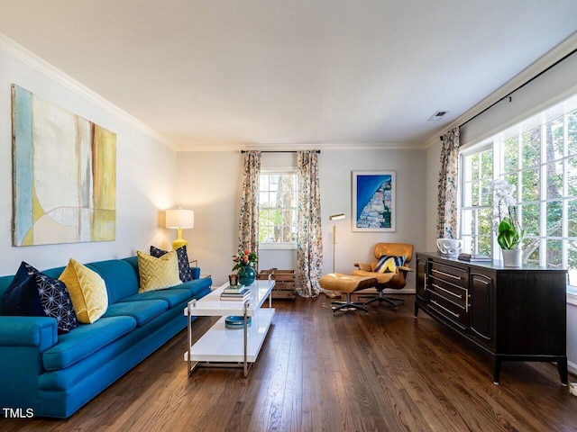 living area with dark wood-style floors, visible vents, and ornamental molding