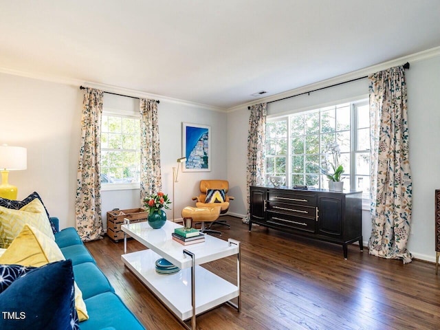 living area featuring visible vents, dark wood-type flooring, baseboards, and ornamental molding