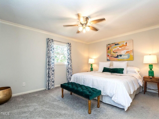 bedroom with a ceiling fan, baseboards, carpet floors, and ornamental molding