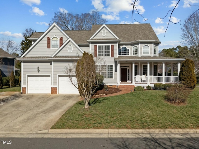 view of front of home featuring a porch, concrete driveway, a front yard, a garage, and crawl space