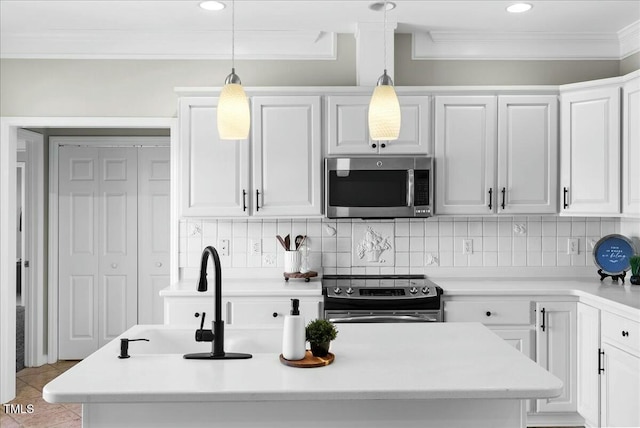 kitchen with tasteful backsplash, decorative light fixtures, light countertops, ornamental molding, and stainless steel appliances