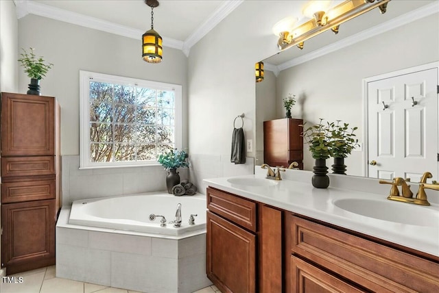 bathroom with tile patterned flooring, crown molding, a garden tub, and a sink