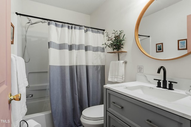 full bath with toilet, vanity, and shower / bathtub combination with curtain