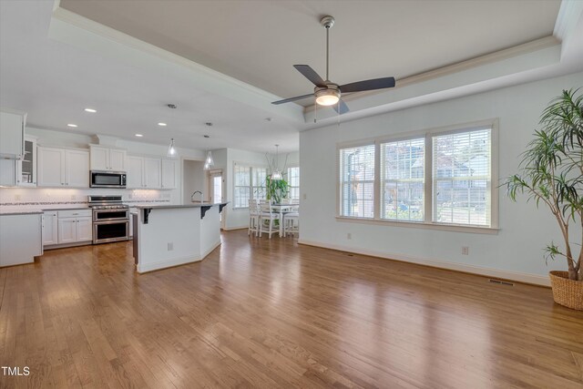 kitchen featuring a tray ceiling, wood finished floors, appliances with stainless steel finishes, and a breakfast bar