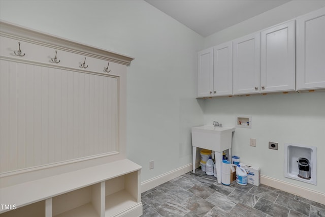 laundry area with baseboards, cabinet space, hookup for an electric dryer, and washer hookup