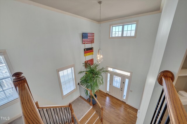 entryway featuring wood finished floors, an inviting chandelier, crown molding, a towering ceiling, and stairs