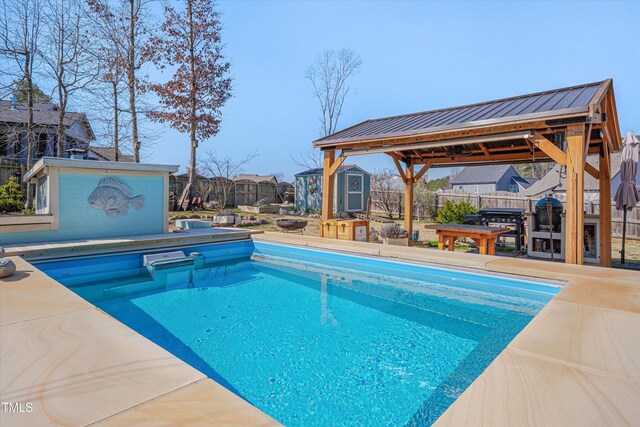 outdoor pool with a storage unit, an outdoor structure, and fence