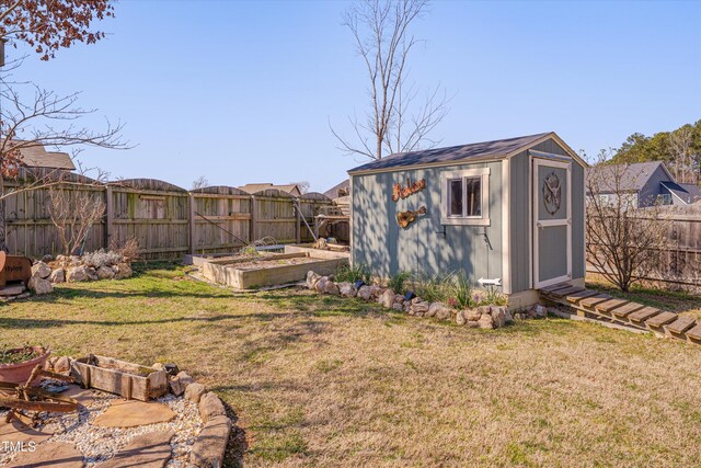 view of shed featuring a vegetable garden and a fenced backyard