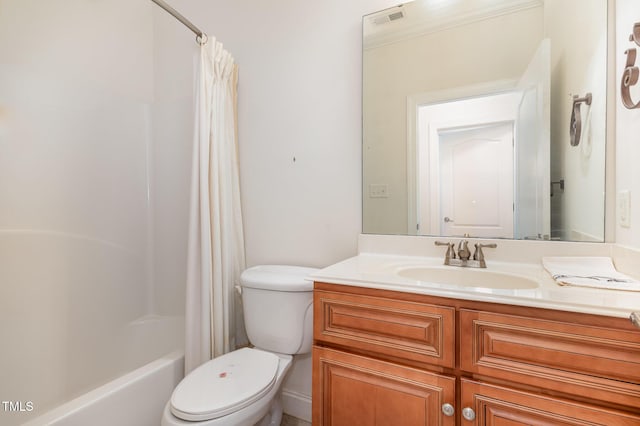 bathroom featuring visible vents, toilet, vanity, and shower / bathtub combination with curtain