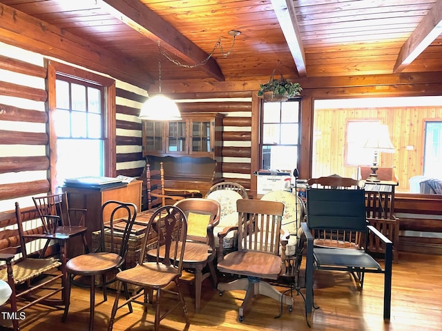 dining space with wood finished floors, beamed ceiling, wooden walls, and wood ceiling