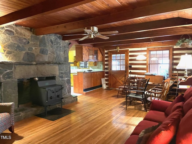 living room featuring a ceiling fan, light wood finished floors, beam ceiling, a wood stove, and wood ceiling