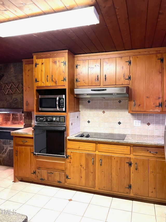 kitchen with black appliances, under cabinet range hood, backsplash, brown cabinetry, and wood ceiling