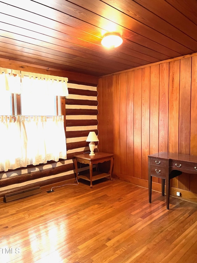 interior space with wooden walls, wood ceiling, and wood finished floors