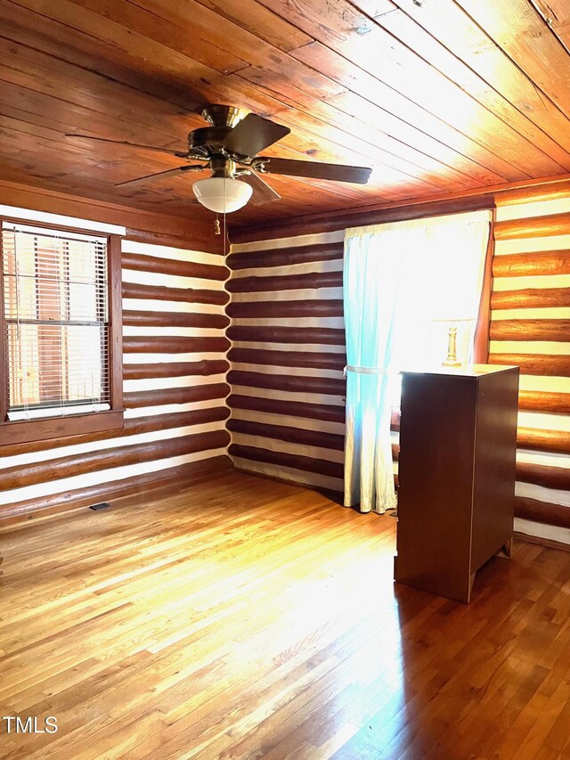 interior space with a ceiling fan, visible vents, log walls, hardwood / wood-style flooring, and wood ceiling