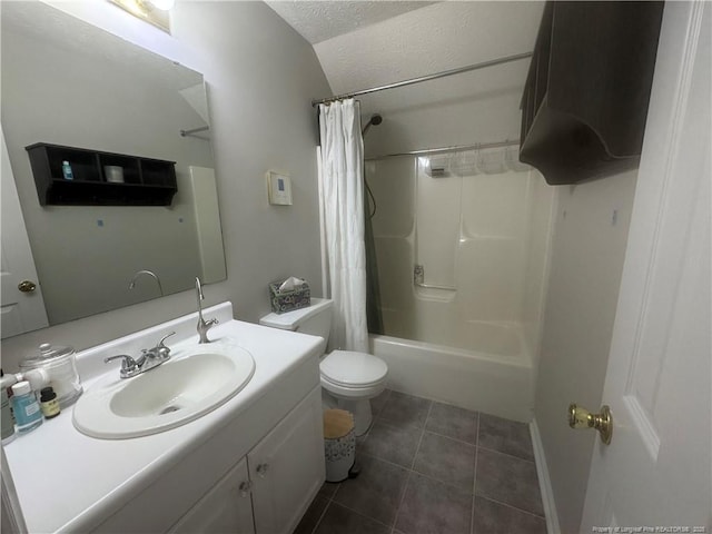 bathroom featuring tile patterned flooring, toilet, shower / tub combo, a textured ceiling, and vanity