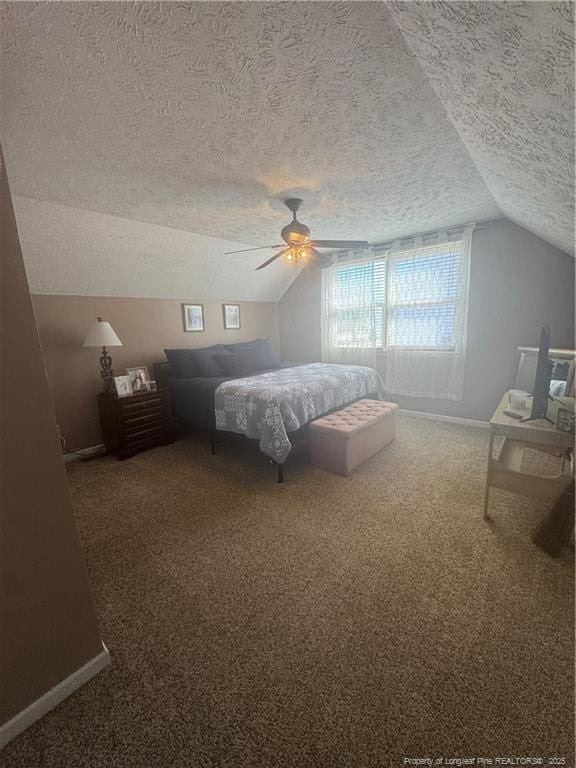 bedroom with baseboards, carpet floors, ceiling fan, vaulted ceiling, and a textured ceiling