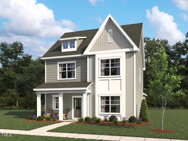 view of front of house featuring board and batten siding, a front lawn, covered porch, and a shingled roof