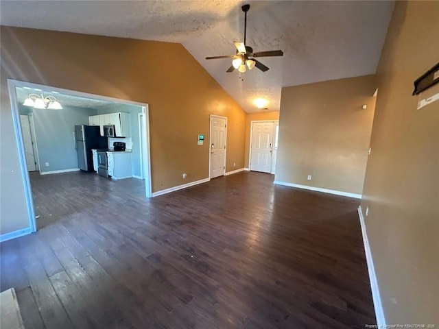 unfurnished living room with dark wood-style floors, baseboards, and ceiling fan