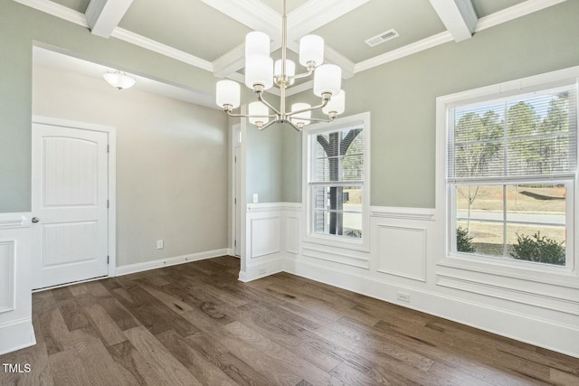 unfurnished dining area featuring visible vents, beam ceiling, dark wood-type flooring, and an inviting chandelier