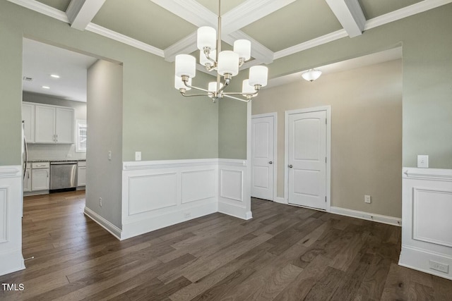 unfurnished dining area with beamed ceiling, coffered ceiling, a chandelier, and dark wood-style flooring