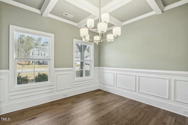 unfurnished dining area featuring visible vents, dark wood-type flooring, a chandelier, beam ceiling, and coffered ceiling