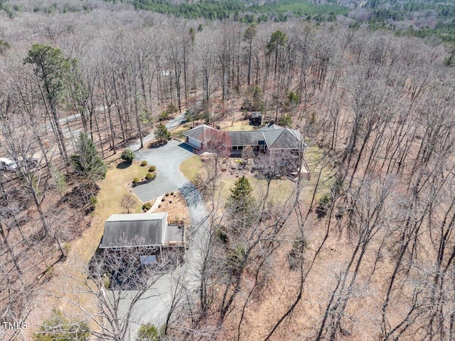 bird's eye view with a wooded view