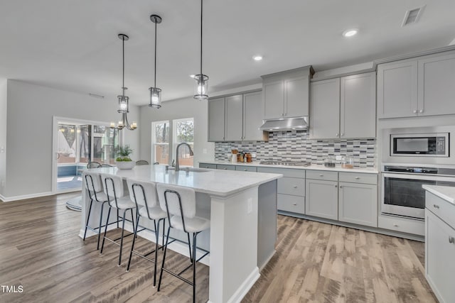 kitchen featuring visible vents, under cabinet range hood, gray cabinets, appliances with stainless steel finishes, and a sink