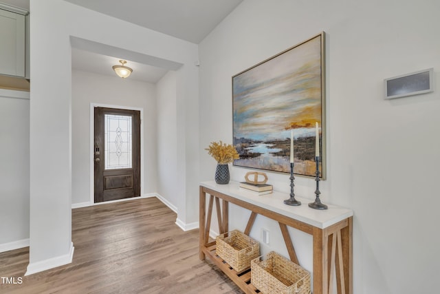 foyer featuring baseboards and light wood-style floors