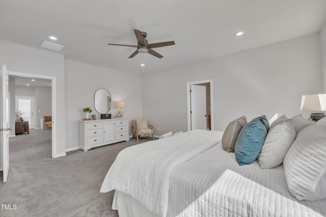 bedroom featuring recessed lighting, baseboards, a ceiling fan, and carpet flooring