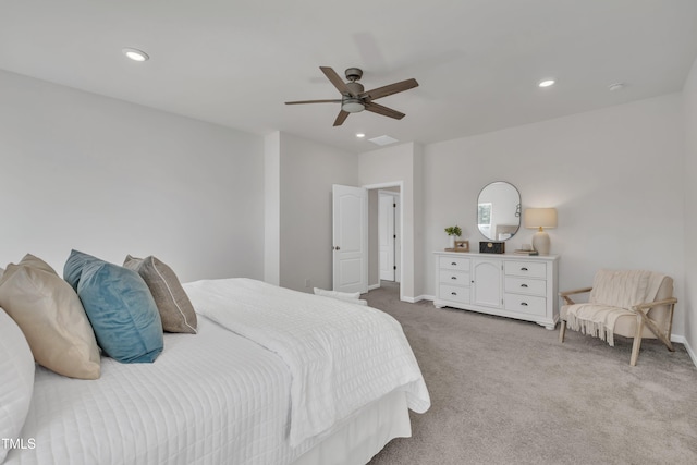 bedroom with recessed lighting, baseboards, light carpet, and ceiling fan