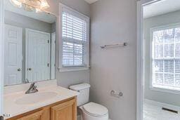 bathroom featuring toilet, plenty of natural light, and vanity