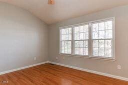 empty room featuring lofted ceiling, a healthy amount of sunlight, and wood finished floors