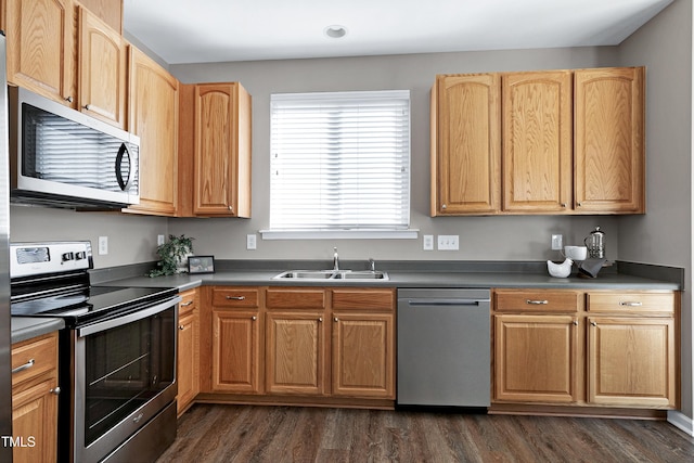 kitchen featuring a sink, dark countertops, dark wood-style flooring, and stainless steel appliances