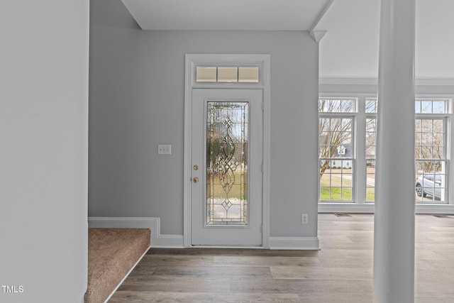 entrance foyer featuring wood finished floors, baseboards, and a wealth of natural light