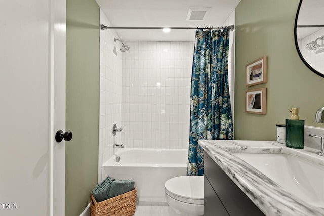 full bath featuring visible vents, toilet, vanity, and shower / bath combination with curtain