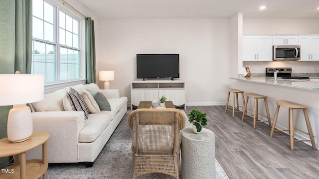 living room with recessed lighting, baseboards, and wood finished floors