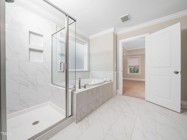 bathroom with visible vents, a stall shower, ornamental molding, a garden tub, and marble finish floor