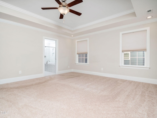 spare room with a raised ceiling, carpet, a ceiling fan, and crown molding