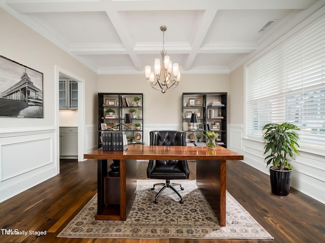 office with visible vents, an inviting chandelier, beamed ceiling, and dark wood-style flooring