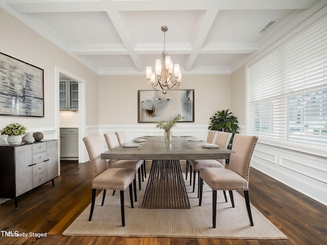 dining space featuring visible vents, dark wood finished floors, beam ceiling, an inviting chandelier, and coffered ceiling