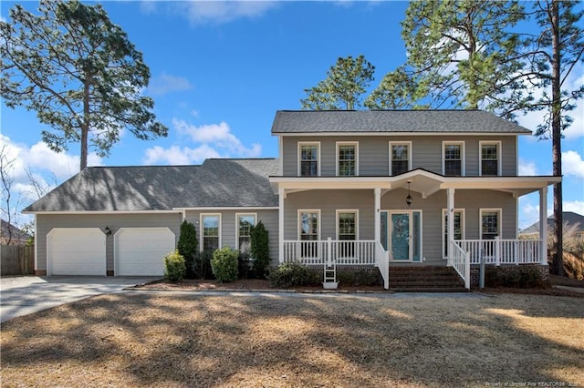 colonial home featuring driveway, a porch, and an attached garage